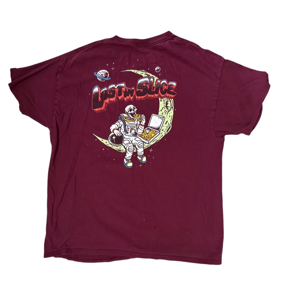 Retrofit Mens XL Lost In Slice Astronaut Skeleton Pizza Graphic T-Shirt Maroon